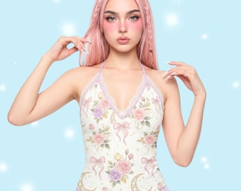 Fairycore Lace Halter Top: Lunar Rose Pastel Cami, Coquette Bow Tank, Y2K Spring Summer Outfit