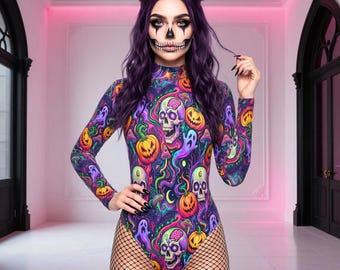 Langärmliger Festival-Bodysuit für die gruselige Saison: Psychedelisches Halloween-Rave-Outfit mit rückseitigem Rückenausschnitt und einteiliges Hexenkostüm