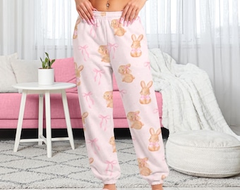 Weiche Coquette Bunny Bow Jogginghose: Pastell Rosa Balletcore Loungewear, Gemütliche Girly Joggerhose