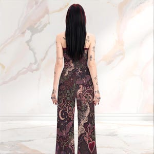 Romantisk gotisk jumpsuit med vida ben: Häxig månfärgad fladdermusblommig sparkdräkt, mörk kokett vår- och sommaroutfit bild 2