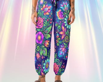 Abgefahrene Florale Haremshose: Boho Hippie Festival Hose für Frauen, Bequeme Psychedelic EDM Ravewear