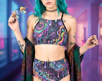 Dark Psychedelic Drip Rave Set: Trippy Cyber Goth Festival 2-Piece, Neon Cosmic Swirl EDM Outfit