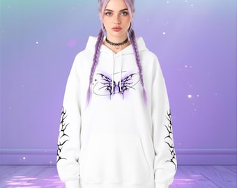 Sweat à capuche Cyber Sigilism de l'an 2000 : sweat papillon violet Tenshi Kaiwai, streetwear gothique doux, mode J Cybercore, vêtements d'intérieur pastel pour e-girl