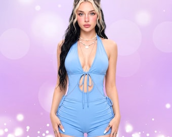 Y2K Angelcore Neckholder-Strampler: Pastellblauer Jumpsuit mit offenem Rückenausschnitt, Sexy einteiliges Rave Festival Outfit, verträumte, figurbetonte Clubwear