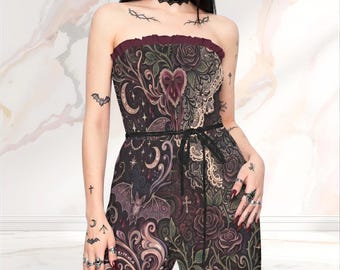 Romantischer Gothic Jumpsuit mit weitem Bein: Witchy Lunar Fledermaus Strampler, Dunkel Kokette Frühlings Sommer Outfit