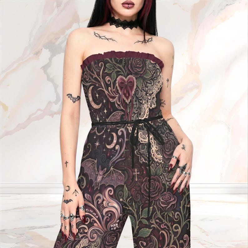 Romantisk gotisk jumpsuit med vida ben: Häxig månfärgad fladdermusblommig sparkdräkt, mörk kokett vår- och sommaroutfit bild 1