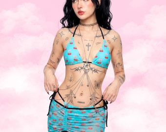 Zestaw rave'owy Y2K Cherry Thong Bikini i spódnica z siateczki: 3-częściowy strój festiwalowy Retro Coquette, odzież rave'owa Bimbocore z lat 2000., egzotyczne stroje taneczne