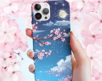 Dromerig Sakura Moon Esthetisch telefoonhoesje | Cover kawaii anime kersenbloesem, iPhone- en Samsung-hoesje Cloud Stars, Celestial Pastel Goth-cadeau