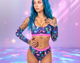 Alien Abduktion 3-teiliges Rave-Set: Trippy Neon Spacecore Festival Bikini & Ärmel, Cosmic Swirl UFO Ravewear Damen
