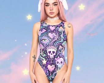 Süßer Rave Body: Pastel Goth Rückenfrei Einteiler, Trippy Yami Kawaii Festival Outfit, Fledermaus Schädel Alt Ravewear