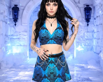 Completo rave Alt Y2K Grunge Skull: Top all'americana e minigonna-pantalone blu petrolio, outfit da festival, abbigliamento da club gotico stregonesco, completo da festa dark femme in due pezzi