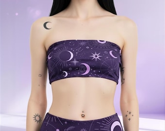 Haut bandeau Celestial Rave : tenue de festival Witchy EDM, haut court violet lune et étoiles, ensemble rave féminin Cosmic Dark