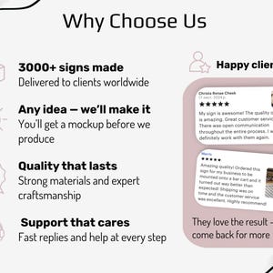May include: A graphic with the text "Why Choose Us" and customer testimonials. The text highlights the business's offerings: custom signs, quality materials, and customer support. Customer reviews are also displayed.