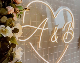 Personalized Wedding Neon Sign, Heart Initials LED Sign, Custom Couple Name Backdrop, Engagement Party Wall Decor, Wedding Light