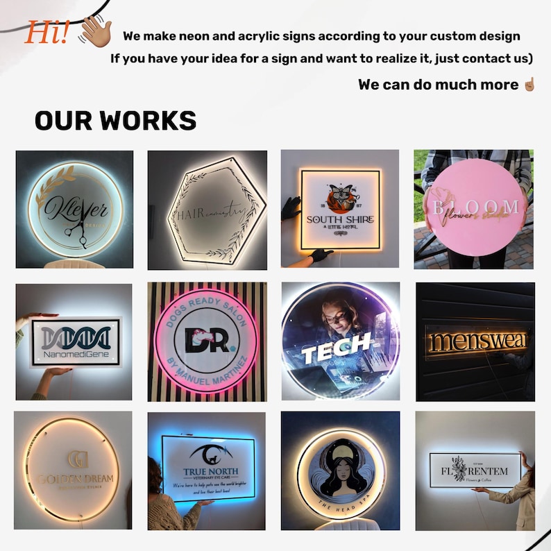 May include: A collection of neon and acrylic signs showcasing various designs. The signs feature illuminated text and logos for businesses like salons, medical practices, and other services. The image includes the text "Our Works".