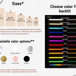 May include: Image showing size options for a product, including XL (24x36 inches), L (20x28 inches), M (16x22 inches), S (12x18 inches), and XS (7.8x15 inches). Also displays color options: clear, milky-white, silver, gold, rose gold, and black. A color chart shows various backlit color choices.