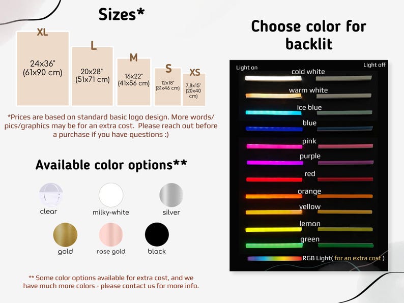 May include: Image showing size options for a product, including XL (24x36 inches), L (20x28 inches), M (16x22 inches), S (12x18 inches), and XS (7.8x15 inches). Also displays color options: clear, milky-white, silver, gold, rose gold, and black. A color chart shows various backlit color choices.