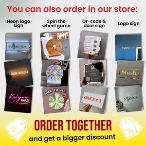 May include: A promotional image showcasing various business signs, including neon signs, QR code signs, and logo signs. The image also features spin-the-wheel games and offers a discount for combined orders. Text includes "You can also order in our store" and "Order together and get a bigger discount."