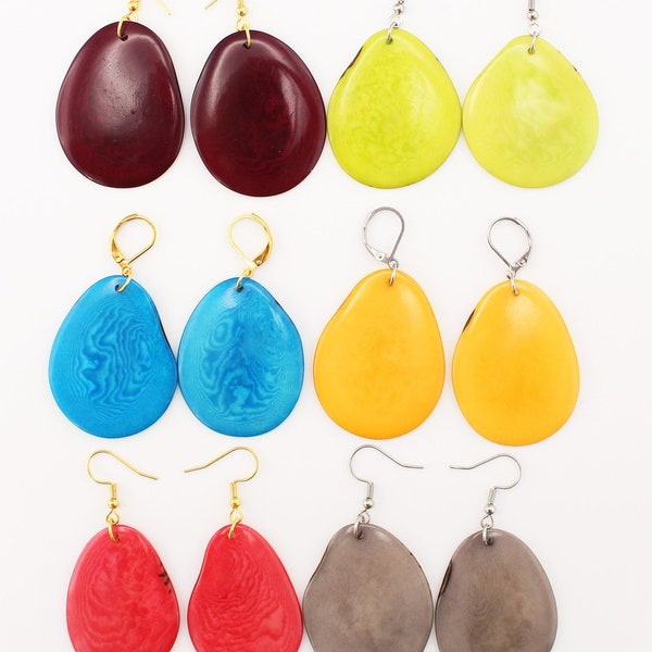 Tagua earrings 20 colors hanging earrings with discs, large statement earrings, tagua nut jewelry, big disc earrings, large coin earrings