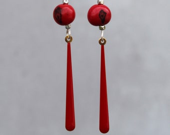 Hanging earrings red enamel earrings with acai beads red earrings dangle earrings minimalist earrings