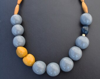 Wooden bead necklace gray yellow medium length necklace with large beads statement necklace thick bead necklace gift for her wooden statement necklace