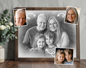 Black and white pencil Sketch, Fathers day photo gift, Custom Family Portrait, Deceased Loved One gift, Realistic Merge of Different Photos,