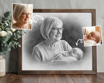 Memorial pencil sketch, Mother’s Day Custom Photo Gift, Add Deceased Loved One, Personalized Family Painting, Canvas Print DigitalFile