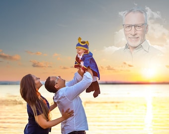 Lägg till avliden nära och kära på bild - Lägg till person på bild, minnesgåva, mors dag-present, fars dag-present i Storbritannien. lägg till avliden person i himlen