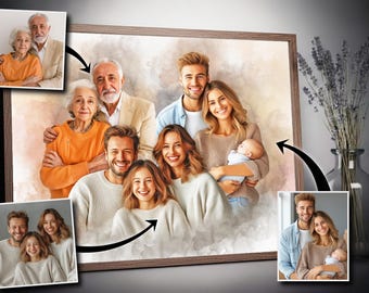 Combine Photos To Portrait, Watercolor Family Print, Add Loved One to Photo, Photo Merge, Memorial Gift, Passed Away Gift, Parents Photo Art