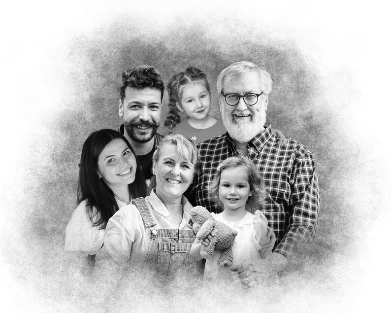 K&ouml;nnte beinhalten: Ein Schwarzwei&szlig;foto einer mehrgenerationellen Familie. Es sind zwei kleine M&auml;dchen, eine Frau, ein Mann und ein &auml;lterer Mann mit Bart zu sehen. Die Familie l&auml;chelt und schaut in die Kamera.