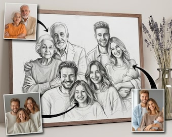 Custom Family Pencil Sketch from Photos, Combined Family Illustration, Personalized Generational Artwork, MemorialGift, Family Reunion