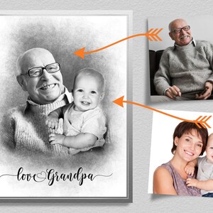 K&ouml;nnte beinhalten: Schwarzwei&szlig;-Bleistiftzeichnung eines &auml;lteren Mannes, der ein kleines Kind h&auml;lt. Der Mann l&auml;chelt und tr&auml;gt eine Brille. Das Kind l&auml;chelt ebenfalls. Die Zeichnung ist gerahmt und tr&auml;gt den Text "love Grandpa" am unteren Rand.