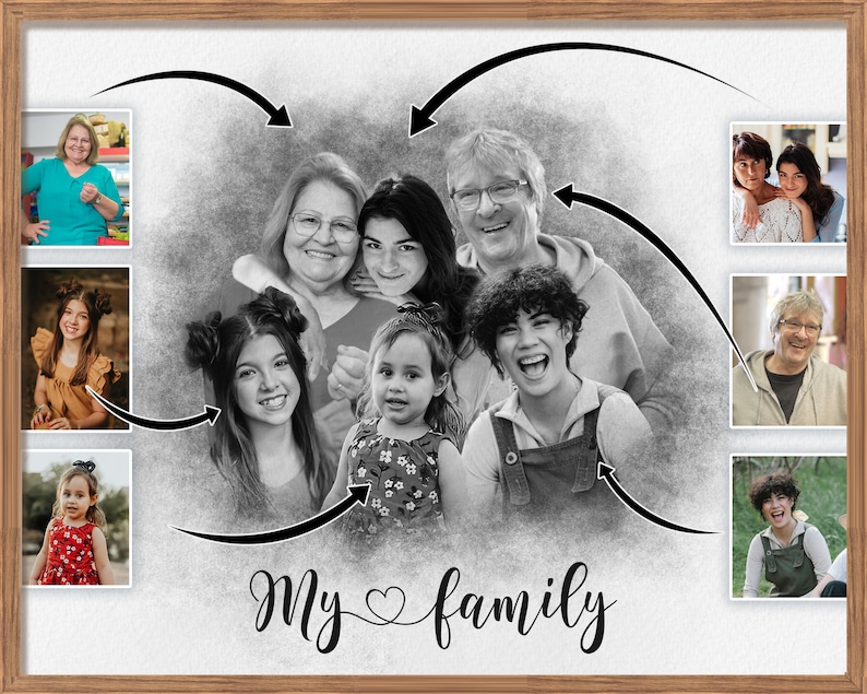 K&ouml;nnte beinhalten: Eine Schwarzwei&szlig;skizze einer Familie mit den Worten "My heart family" darunter. Die Skizze ist von kleineren Fotos der Familienmitglieder umgeben.