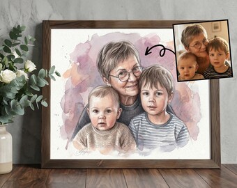 Mother’s Day Custom Photo Gift, Memorial Watercolor Portrait, Add Deceased Loved One, Personalized Family Painting, Canvas Print DigitalFile