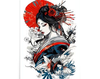 Póster vintage de geisha japonesa: colores vibrantes