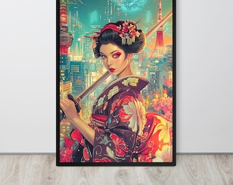 Póster enmarcado con arte de pared de geishas: impresión artística de geishas vibrantes: declaración de decoración de pared japonesa