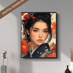 Ritratto di donna samurai, dipinto di donna guerriera samurai, elegante arte di donna samurai, potente decorazione guerriera, stampa di guerriero giapponese.