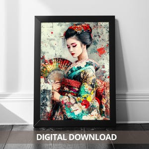 Póster de geisha: belleza japonesa: arte de geisha en acuarela
