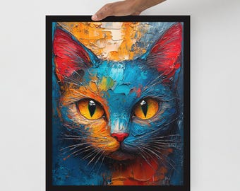 Póster enmarcado con arte de pared de gato: póster de gato pintado al óleo: toque artístico para entusiastas de los gatos: regalo para amantes de los gatos