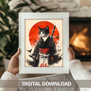 Black Cat Samurai - Digital Download Wall Art - Japanese Anime Inspired Art - Home Decor Printable.