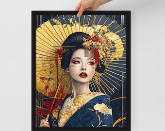 Lámina artística enmarcada de una geisha japonesa: decoración de pared vintage y colorida