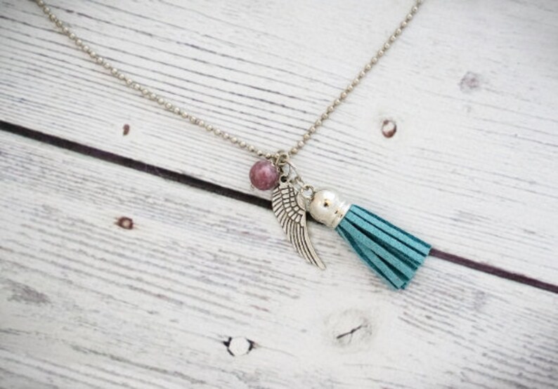 healing crystal healing gemstone Lepidolite necklace anxiety necklace lavender lepidolite Angel wing necklace chakra reiki necklace