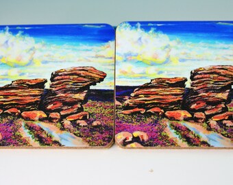 High Summer-Ox Stones in the morning light, clouds dance with the purple heather.  Fine Art drinks coaster twin pack.