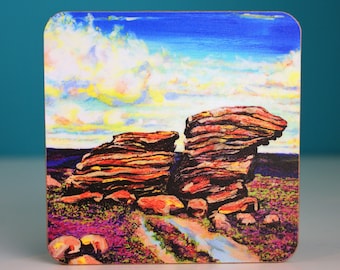 High Summer-Ox Stones in the morning light, clouds dance with the purple heather.  Fine Art single drinks coaster.