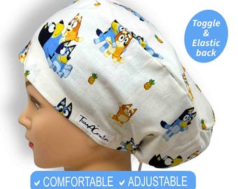 Satin Scrub caps for Women | blue dog Scrub Hats, option to add buttons, pediatric Nurse Gift, surgical cap, euro scrub cap
