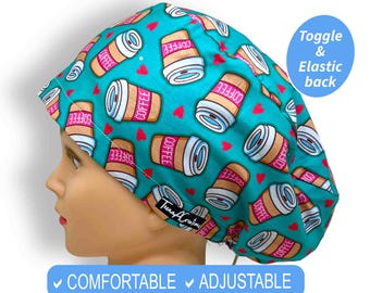 Coffee Scrub Hats Euro Style | Satin lined Scrub caps for Women, option to add buttons, Nurse Gift, surgical cap, ponytail scrub cap