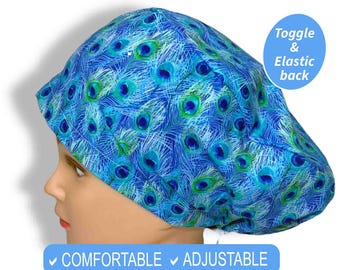Satin Lined Scrub Caps | Peacock Scrub Hats, surgical cap medical student gift, Nicu Nurse Gift euro scrub cap, anesthesia scrub cap