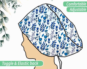 Floral Scrub Hats |  Satin Lined Scrub Caps for women euro style anesthesia scrub cap, nicu Nurse Gift, ponytail scrub cap, optional buttons
