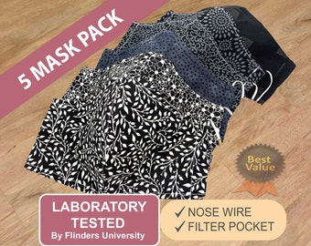 5 pack Face Mask bundle with Nose Wire, Fashion Face mask with filter pocket, Reusable face mask | Anti Fog Mask | Washable masks