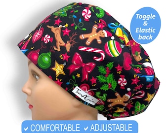 Christmas Scrub Cap | Scrub Hats Nurse Gift, optional buttons or Satin Lined surgical cap anesthesia scrub cap, midwife gift